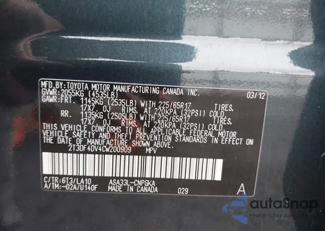 2012 Toyota Rav4 Limited from USA, damaged, VIN 2T3DF4DV4CW200909